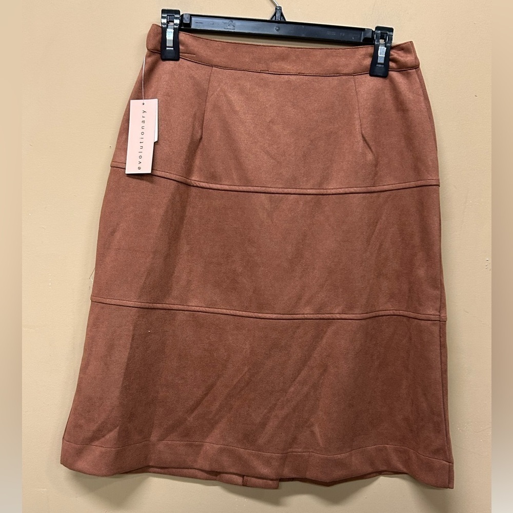 Evolutionary Button Front Faux Suede Skirt Tobac Brown Size M NWT - Picture 2 of 6